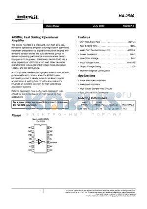 HA-2540 datasheet - 400MHz, Fast Settling Operational Amplifier