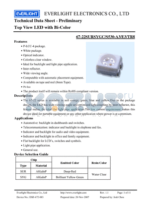 67-22SURSYGC/S530-A3/E3 datasheet - Top View LED with Bi-Color