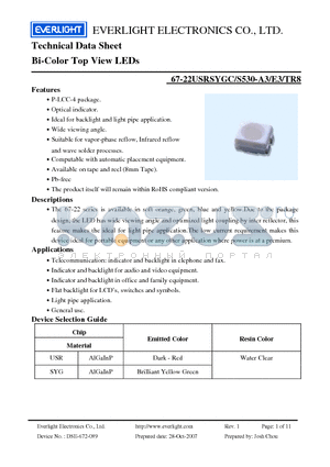 67-22USRSYGC-S530-A3-E3 datasheet - Bi-Color Top View LEDs