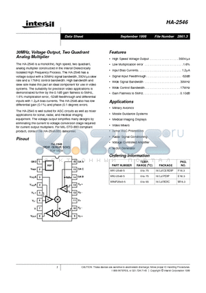 HA-2546 datasheet - 30MHz, Voltage Output, Two Quadrant Analog Multiplier