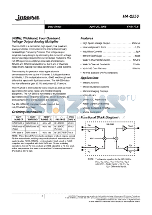HA-2556_08 datasheet - 57MHz, Wideband, Four Quadrant, Voltage Output Analog Multiplier