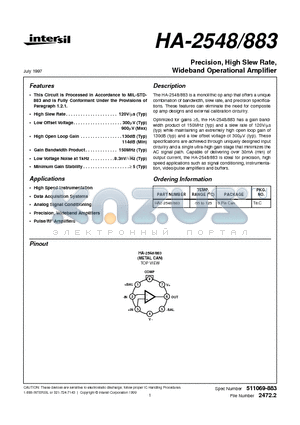 HA-2548/883 datasheet - Precision, High Slew Rate, Wideband Operational Amplifier