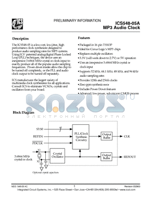 ICS548G-05 datasheet - MP3 Audio Clock