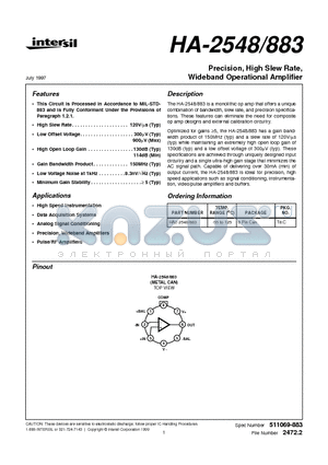 HA-2548883 datasheet - Precision, High Slew Rate, Wideband Operational Amplifier