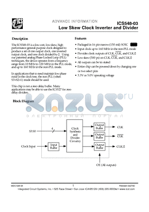 ICS548M-03 datasheet - Low Skew Clock Inverter and Divider