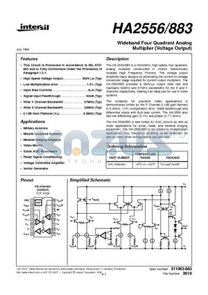 HA-2556/883 datasheet - Wideband Four Quadrant Analog Multiplier (Voltage Output)