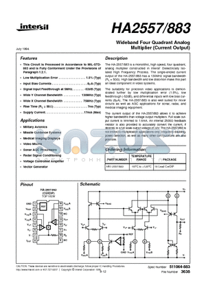 HA-2557/883 datasheet - Wideband Four Quadrant Analog Multiplier (Current Output)