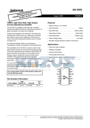 HA-2542_02 datasheet - 70MHz, High Slew Rate, High Output Current Operational Amplifier