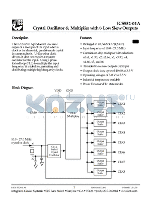 ICS552-01 datasheet - Crystal Oscillator & Multiplier with 8 Low Skew Outputs