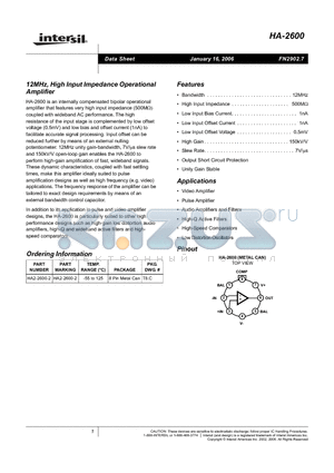 HA-2600 datasheet - 12MHz, High Input Impedance Operational Amplifier