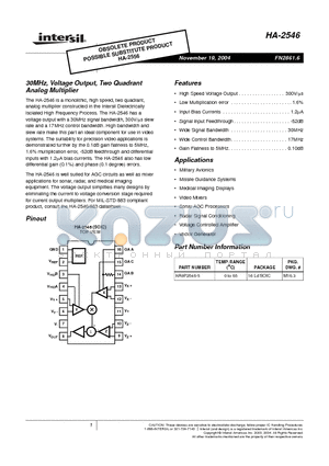 HA-2546 datasheet - 30MHz, Voltage Output, Two Quadrant Analog Multiplier