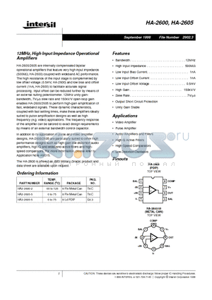 HA-2605 datasheet - 12MHz, High Input Impedance Operational Amplifiers