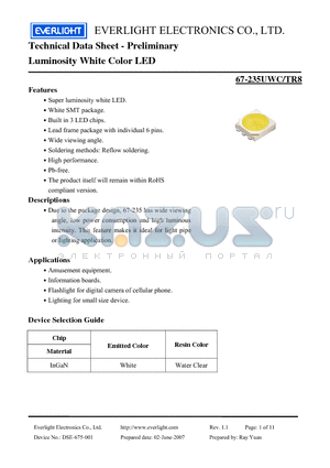 67-235UWC/TR8 datasheet - Technical Data Sheet - Preliminary Luminosity White Color LED