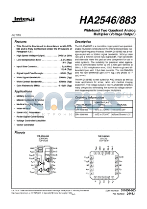 HA-2546/883 datasheet - Wideband Two Quadrant Analog Multiplier (Voltage Output)