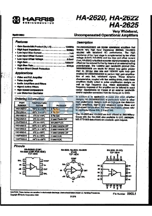 HA-2620 datasheet - Very Wideband, Uncompensated Operational Amplfiers