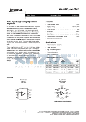 HA-2645 datasheet - 4MHz, High Supply Voltage Operational Amplifiers