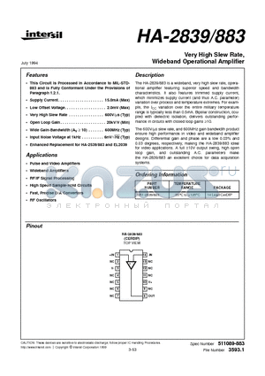 HA-2839 datasheet - 600MHz, Very High Slew Rate Operational Amplifier