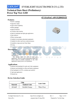 67-31A/SAC-AW1X2B9Z5/2T datasheet - Power Top View LED