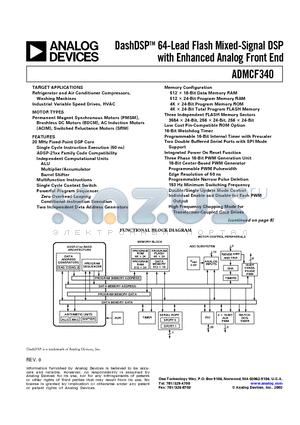 ADMCF340BST datasheet - DashDSPTM 64-Lead Flash Mixed-Signal DSP with Enhanced Analog Front End
