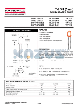 HLMP-D401 datasheet - T-1 3/4 5mm SOLID STATE LAMPS