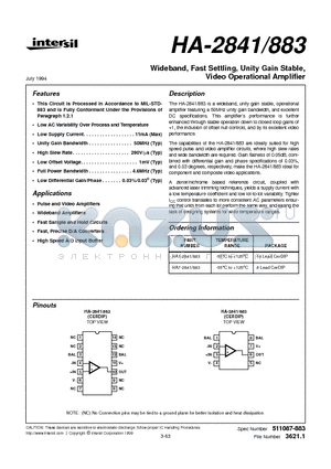 HA-2841 datasheet - Wideband, Fast Settling, Unity Gain Stable, Video Operational Amplifier