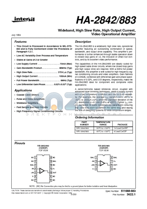 HA-2842883 datasheet - Wideband, High Slew Rate, High Output Current, Video Operational Amplifier