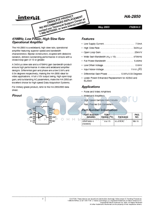 HA-2850 datasheet - 470MHz, Low Power, High Slew Rate Operational Amplifier