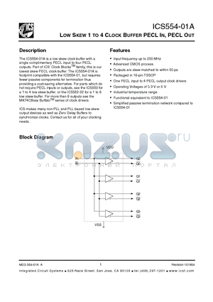 ICS554-01A datasheet - LOW SKEW 1 TO 4 CLOCK BUFFER PECL IN, PECL OUT