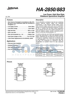 HA-2850883 datasheet - Low Power, High Slew Rate, Wideband Operational Amplifier