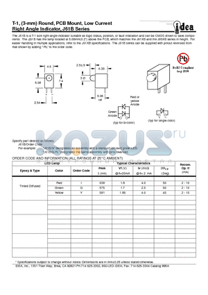 J61B datasheet - T-1, (3-mm) Round, PCB Mount, Low Current Right Angle Indicator