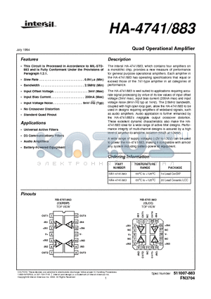 HA-4741/883 datasheet - Quad Operational Amplifier