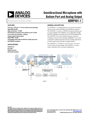 ADMP401-1ACEZ-RL7 datasheet - Omnidirectional Microphone with Bottom Port and Analog Output
