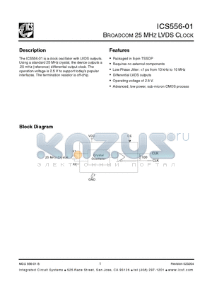 ICS556-01 datasheet - BROADCOM 25 MHZ LVDS CLOCK