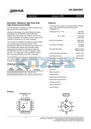 HA-5002883 datasheet - Monolithic, Wideband, High Slew Rate, High Output Current Buffer