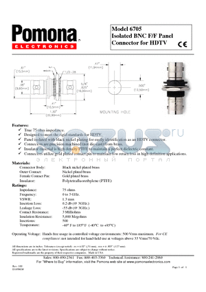 6705 datasheet - Isolated BNC F/F Panel Connector for HDTV