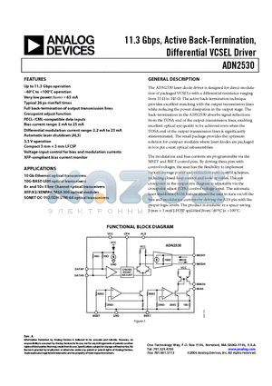 ADN2530YCPZ-R2 datasheet - 11.3 Gbps, Active Back-Termination, Differential VCSEL Driver