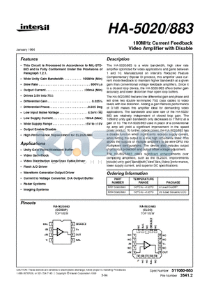 HA-5020/883 datasheet - 100MHz Current Feedback Video Amplifier with Disable