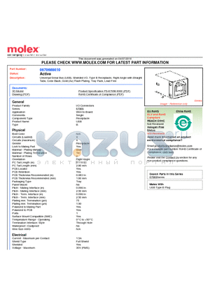 67068-8010 datasheet - Universal Serial Bus (USB), Shielded I/O, Type B Receptacle, Right Angle with Straight Tabs, Color Black, Gold (Au) Flash Plating, Tray Pack, Lead Free