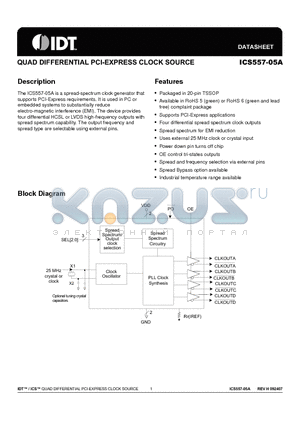 ICS557G-05A datasheet - QUAD DIFFERENTIAL PCI-EXPRESS CLOCK SOURCE