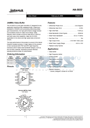 HA-5033_06 datasheet - 250MHz Video Buffer