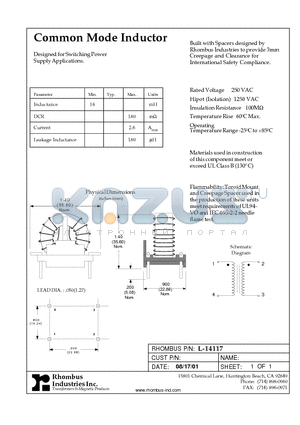 L-14117 datasheet - Common Mode Inductor