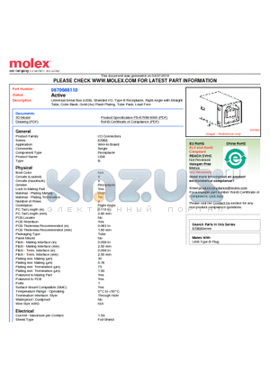 67068-8110 datasheet - Universal Serial Bus (USB), Shielded I/O, Type B Receptacle, Right Angle with Straight Tabs, Color Black, Gold (Au) Flash Plating, Tube Pack, Lead Free