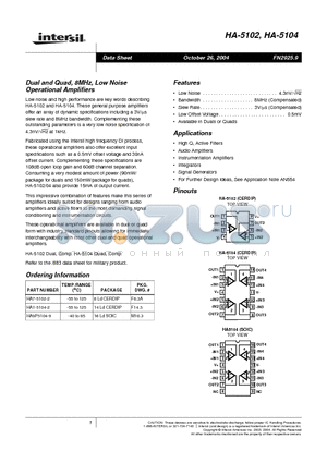 HA-5102_04 datasheet - Dual and Quad, 8MHz, Low Noise Operational Amplifiers