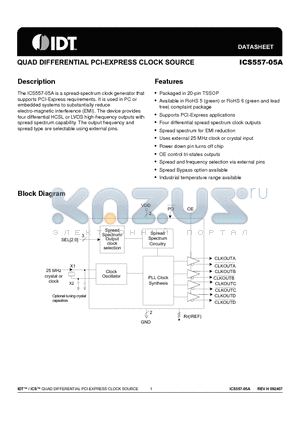 ICS557G-05AT datasheet - QUAD DIFFERENTIAL PCI-EXPRESS CLOCK SOURCE