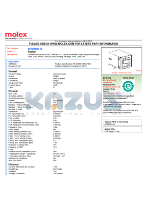 67068-9110 datasheet - Universal Serial Bus (USB), Shielded I/O, Type B Receptacle, Right Angle with StraightTabs, Color White, Gold (Au) Flash Plating, Package Tube, Lead Free