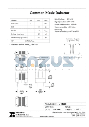 L-14206 datasheet - Common Mode Inductor