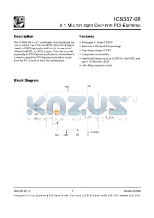 ICS557G-08LF datasheet - 2:1 MULTIPLEXER CHIP FOR PCI-EXPRESS