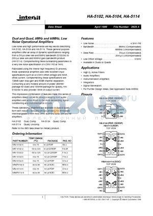 HA-5114 datasheet - Dual and Quad, 8MHz and 60MHz, Low Noise Operational Amplifiers