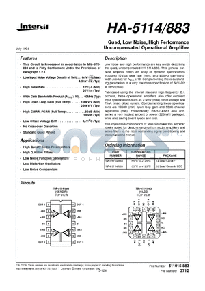 HA-5114883 datasheet - Quad, Low Noise, High Performance Uncompensated Operational Amplifier