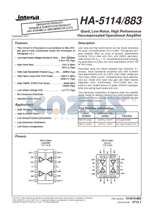 HA-5114883 datasheet - Quad, Low Noise, High Performance Uncompensated Operational Amplifier